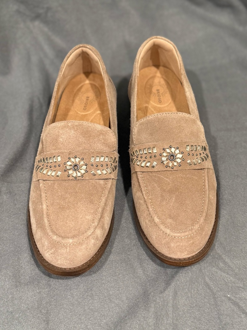 Brioso Suede Embellished Loafers Taupe Beige Studded Slip On Shoes Women's 9.5M